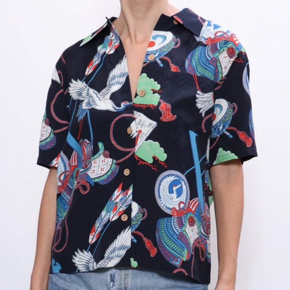 Re/Done Womens Japanese Tsuru Hawaiian Crane Shirt Size M Bird Tropical Novelty